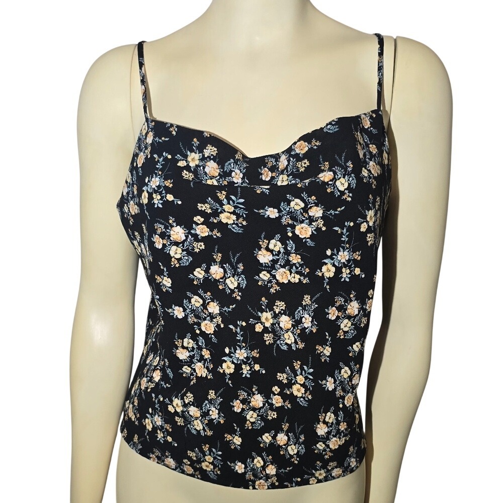 Forever 21 Camisole Women Large Black Floral Cowl Neck Spaghetti‎ Strap